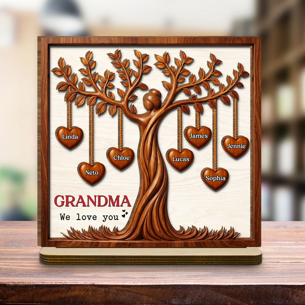 Custom Mother's Day Decor, Gift for Mom & Grandma • Hearts Tree - Personalized 2-Layer Wood Plaque With Flat Base