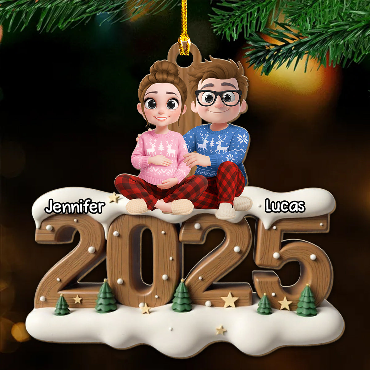Custom Family Ornament, Christmas Gift for Family Members •  Expecting Parents - Personalized 3D Effect Wood Ornament