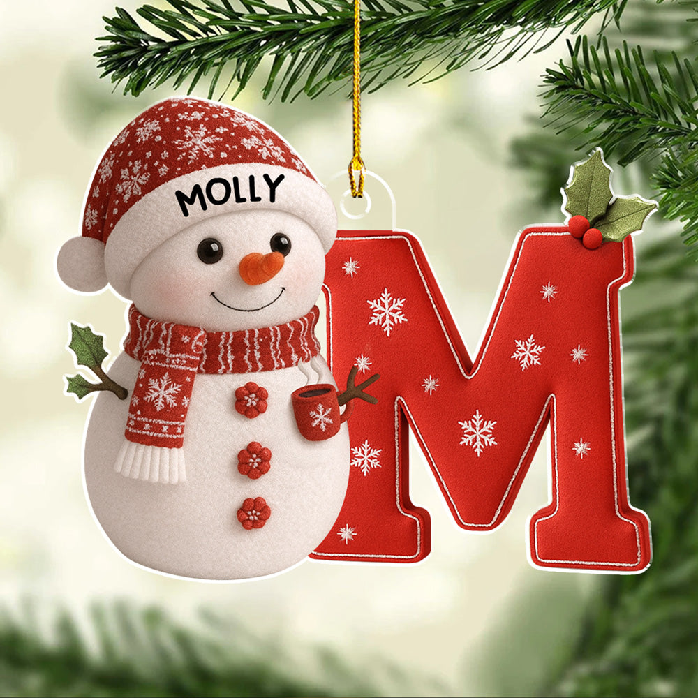Custom Initial Christmas Ornament Stocking Tag with Name • Little Snowman Joy With Letter - Personalized Acrylic Ornament