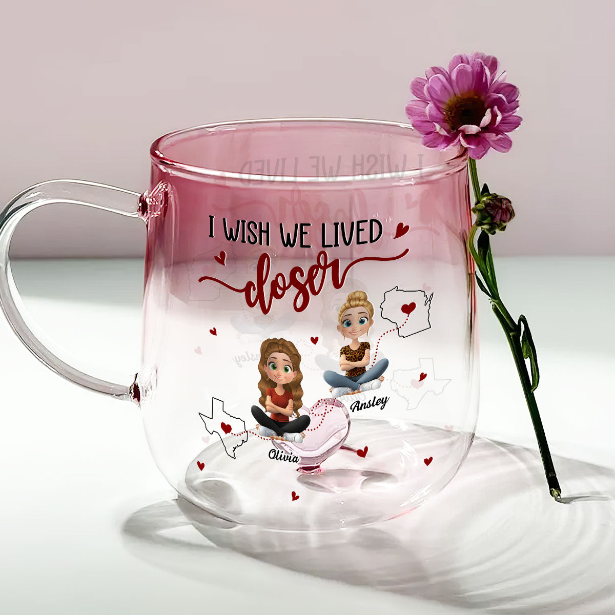 Custom Best Friend, Christmas & Birthday Friendship Keepsake Gift • I Wish We Lived Closer - Personalized Pink Gradient Glass Mug