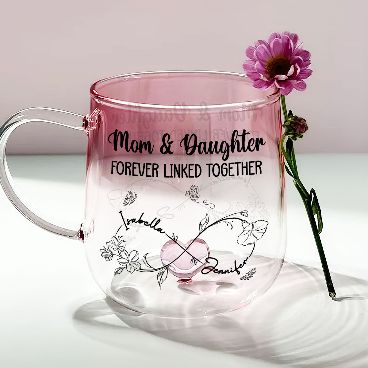 Custom Mother's Day Gift for Mom & Grandma • Mom And Daughter Forever Linked Together - Personalized Pink Gradient Glass Mug