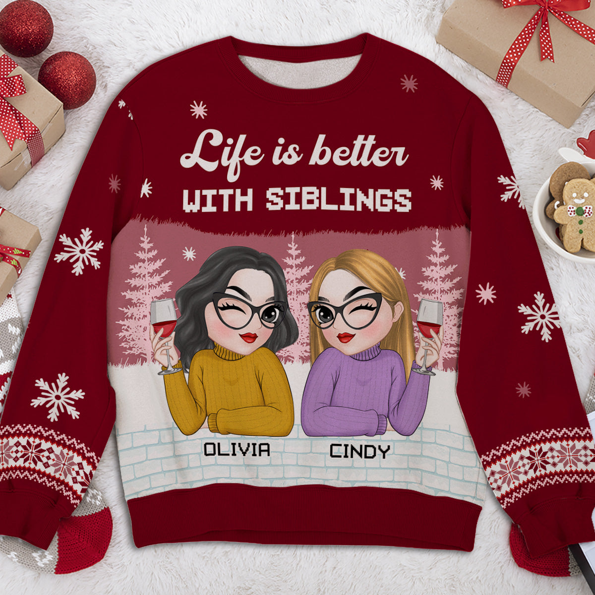 Custom Friendship Christmas Sweatshirt, Best Friend Gift • Besties Forever 2024 - Personalized All-Over-Print Sweatshirt
