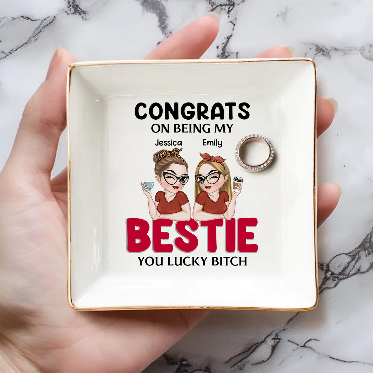 Custom Bestie Trinket Dish, Birthday Christmas Gift For Best Friend • Congrats On Being My Bestie - Personalized Jewelry Dish