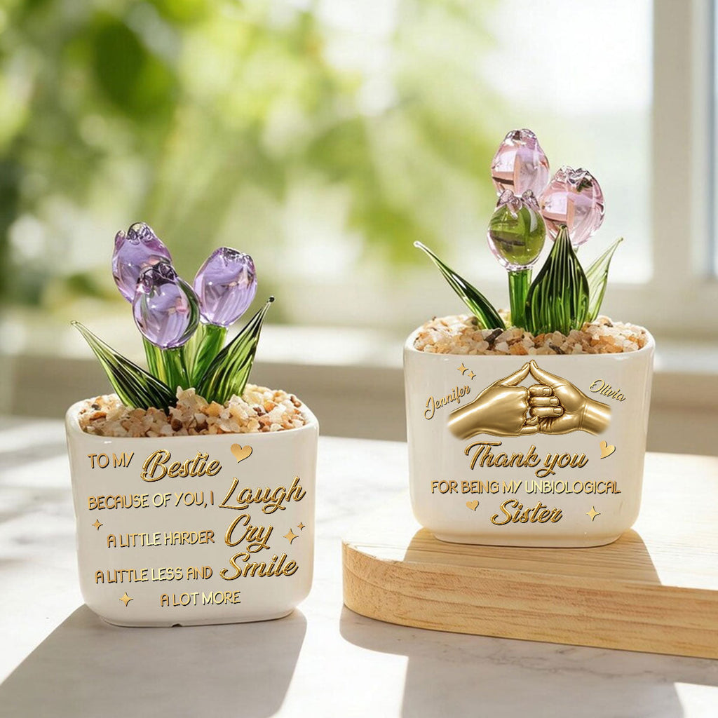 Custom Flower Keepsake, Glass Home Decor Gift for Best Friend • Unbiologica Sister - Personalized Glass Everlasting Tulips