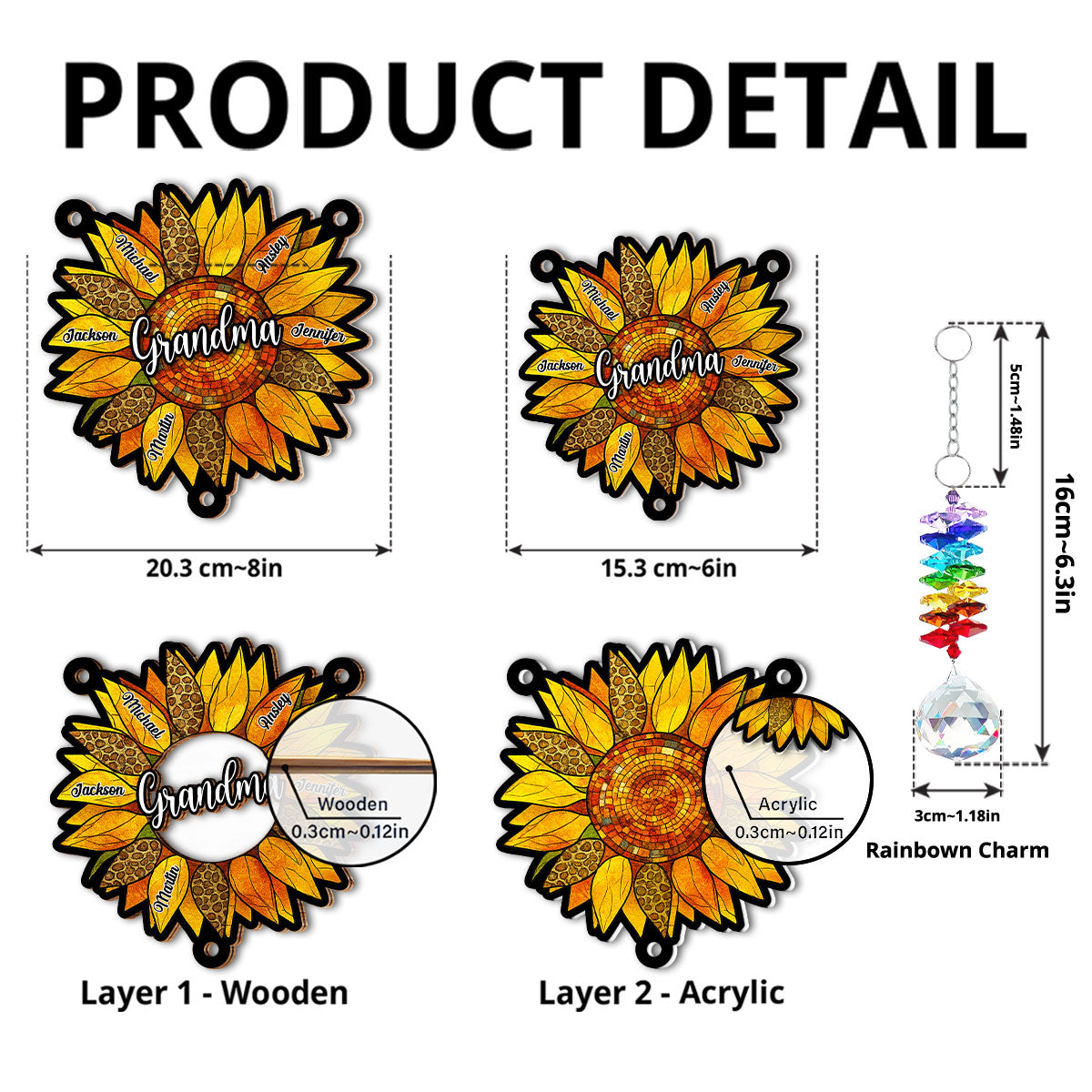 Custom Name Grandma Hanging Decor, Mother's Day Birthday Gifts • Beautiful Sunflower Grandma - Personalized Suncatcher With Crystal Rainbow Charm