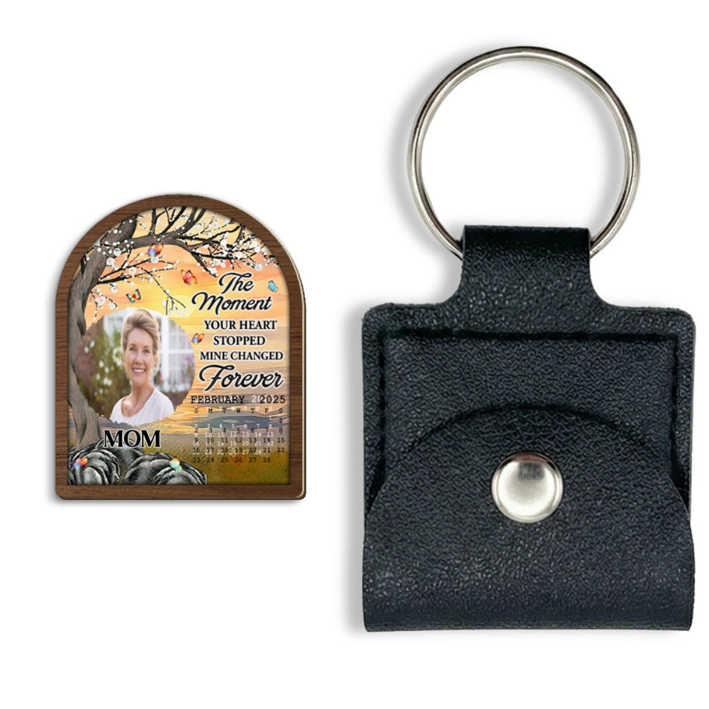 Custom Photo Memorial Coin Keychain, Sympathy Keepsake • Mine Changed Forever - Personalized Wooden Pocket Hug
