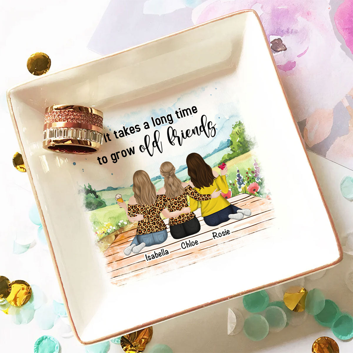 Custom Bestie Trinket Dish, Birthday Christmas Gift For Best Friend • Grow An Old Friend - Personalized Jewelry Dish