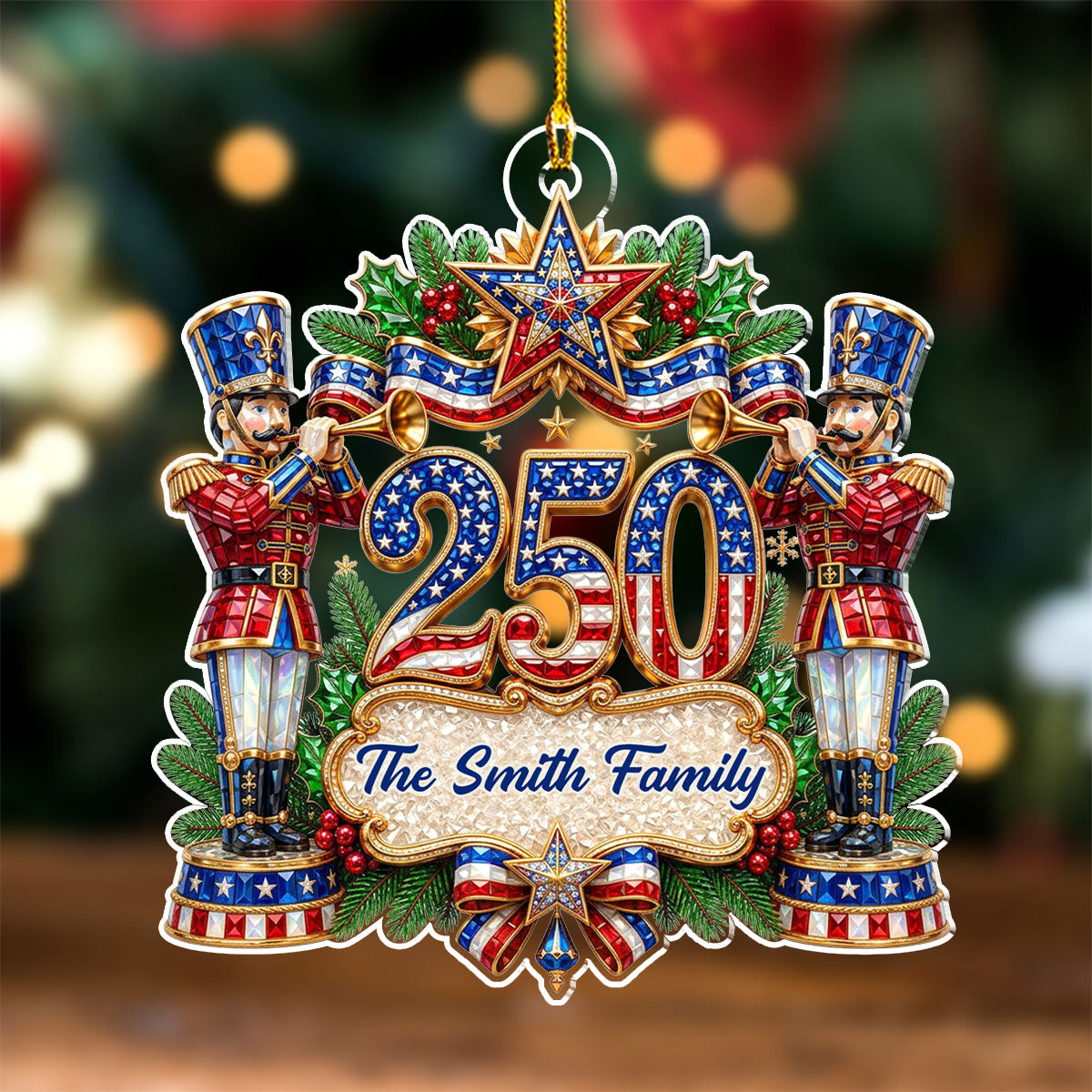 Custom Patriotic Christmas Ornament for Family, 250th Anniversary • Our Christmas Celebration - Personalized 3D Effect Acrylic Ornament