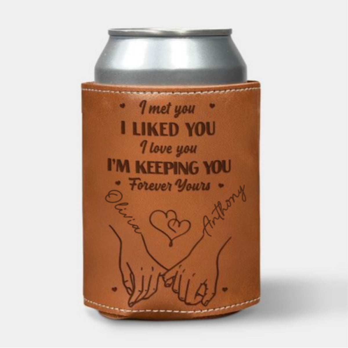 Forever Yours - Personalized Engraved Leather Can Cooler Holder