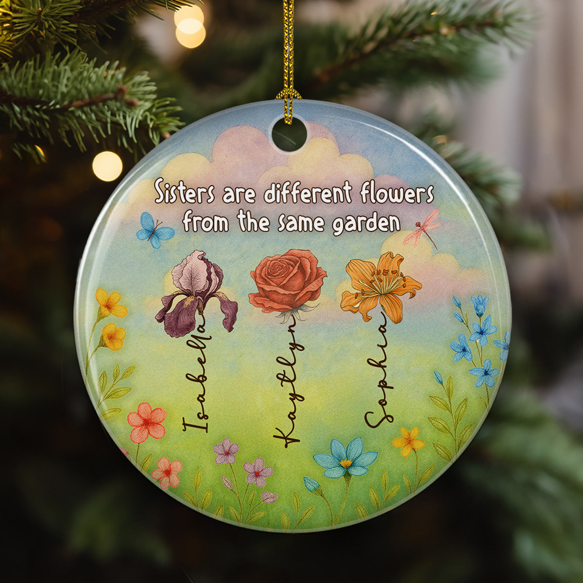 Custom Sister Christmas Ornament •  Sisters Shine Like Bright Flowers - Personalized Ceramic Ornament