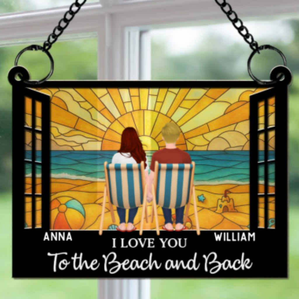 Custom Couple Hanging Decor, Anniversary Valentine's Day Gifts • You And Me And The Beach - Personalized Suncatcher