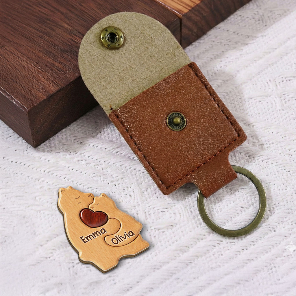 Custom Coin Keychain for Wife, Mother's Day, Anniversary Gifts • Bear Mom - Personalized 3D Effect Wooden Pocket Hug