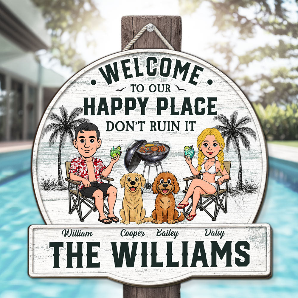 Custom Family Summer Backyard, Patio & Porch Decor • Happiness Happens Right Here - Personalized Wood Sign