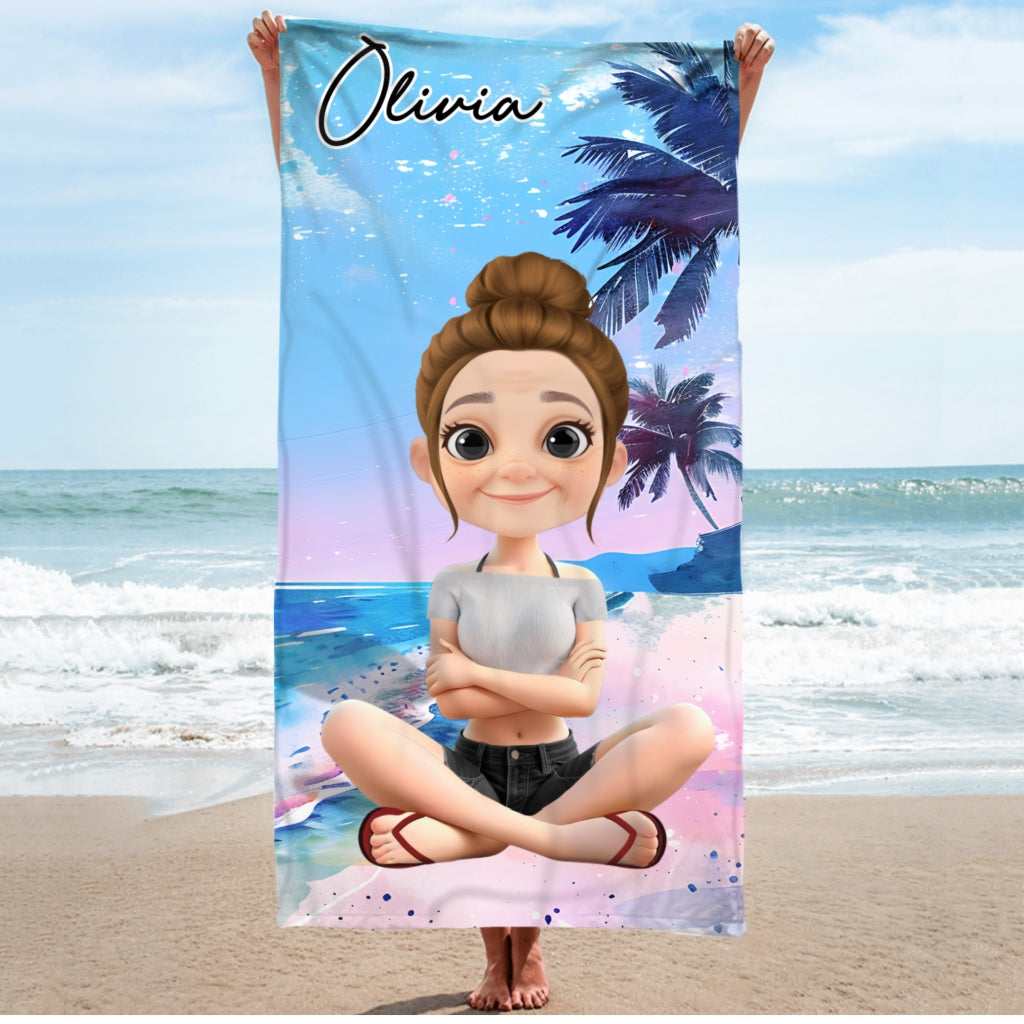Summer Lady Cartoonize - Personalized Beach Towel
