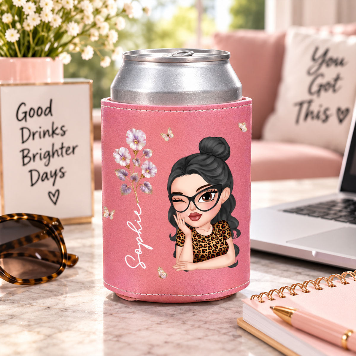 Floral Girl - Personalized Pink Leather Can Cooler Holder