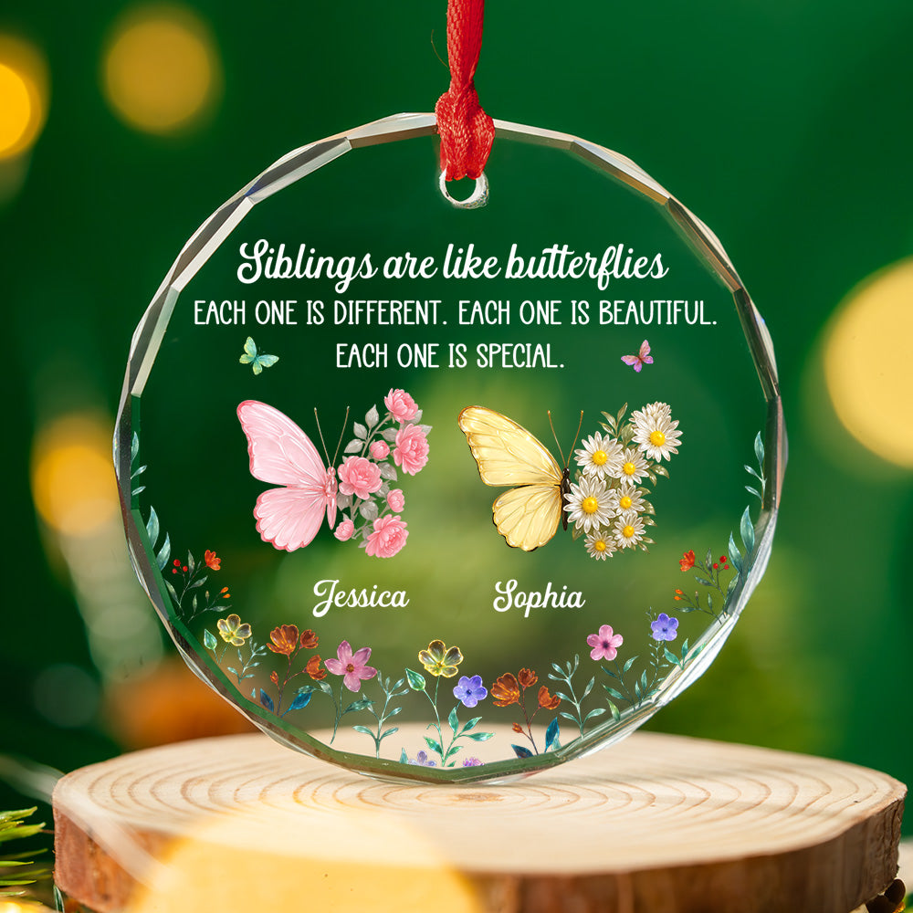 Custom Brothers & Sisters Christmas Ornament •  Sparkling Wings For Siblings - Personalized Glass Ornament