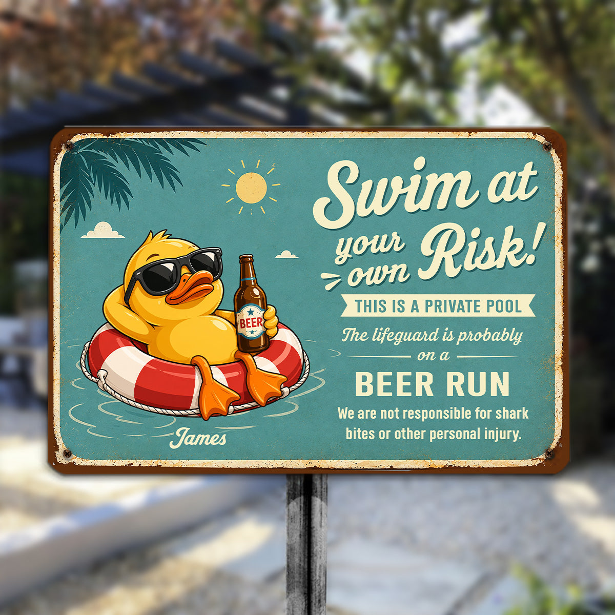 Custom Family Summer Backyard, Patio & Porch Decor • Stay Cool Drink Colder Things - Personalized Metal Sign