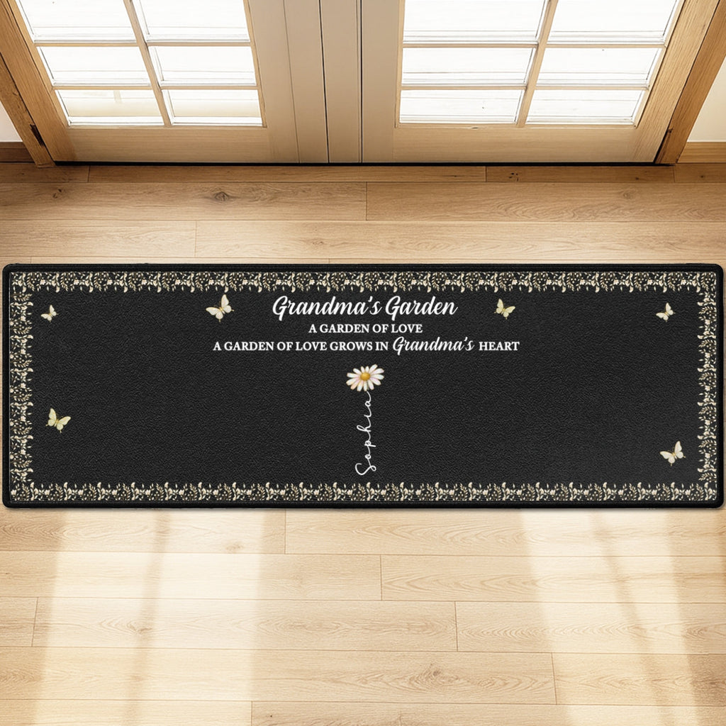 Custom Family Name Rug, Housewarming Birthday Gift For Grandma Grandparents • Grandma's Garden - Personalized Runner Rug