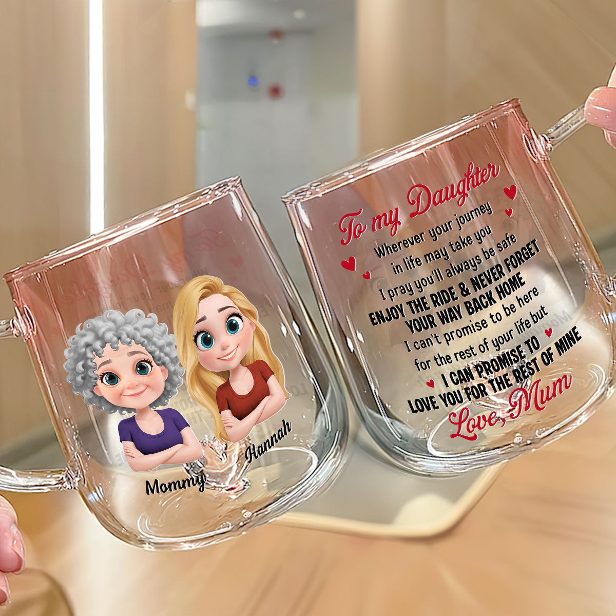 Custom Christmas & Birthday Gift for Daughter • Mom To Daughter Enjoy The Ride - Personalized Pink Gradient Glass Mug