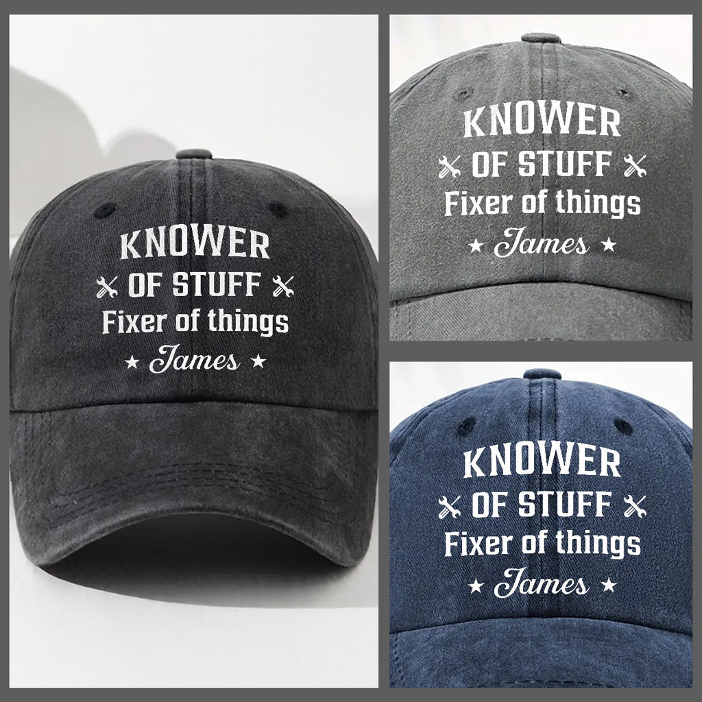 Custom Father's Day Christmas Birthday Gifts for Dad • Fixer And Knower - Personalized Vintage Washed Denim Cap