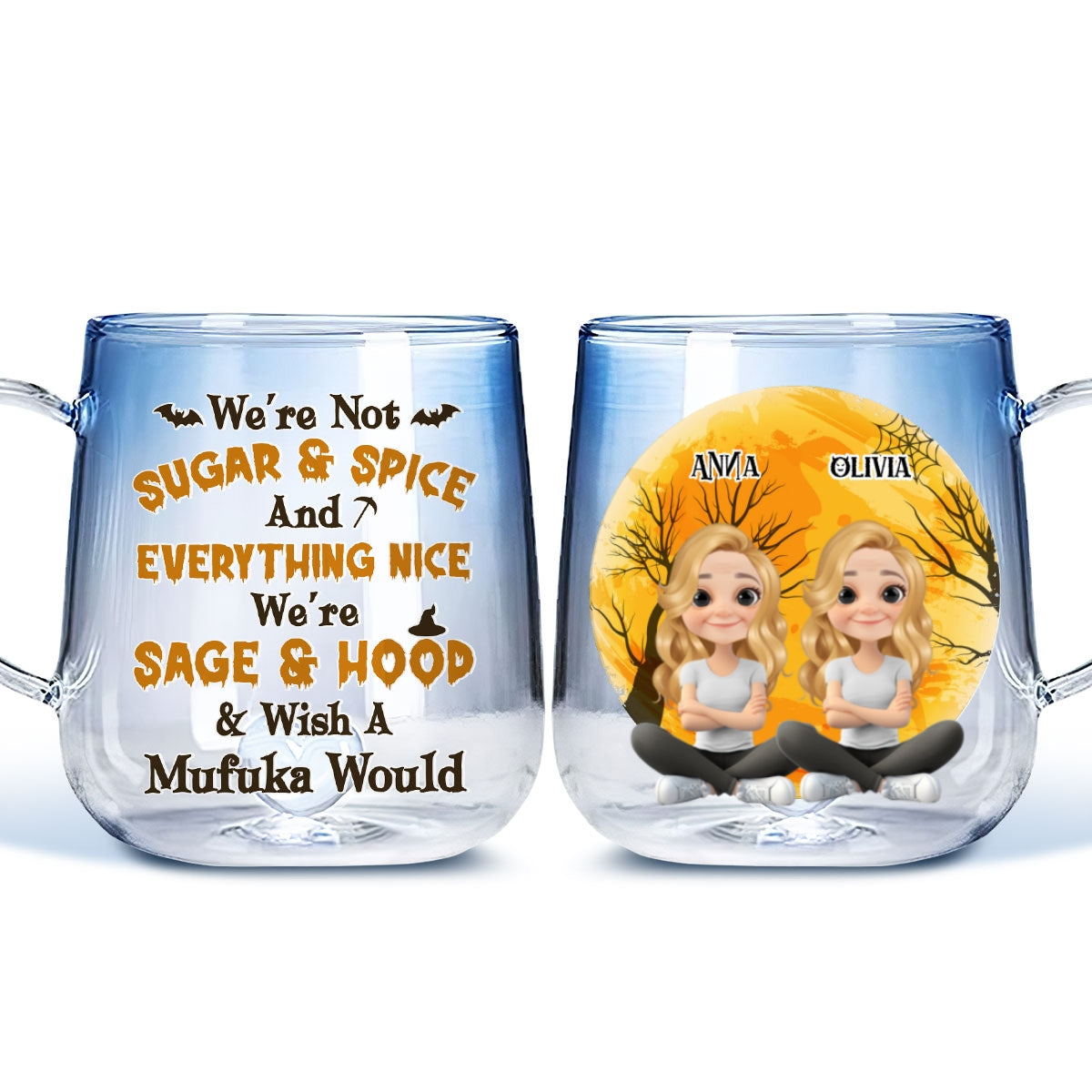 Custom Best Friend, Christmas & Birthday Friendship Keepsake Gift • Funny Witch Friends - Personalized Funny Witch Friends - Personalized Blue Gradient Glass Mug