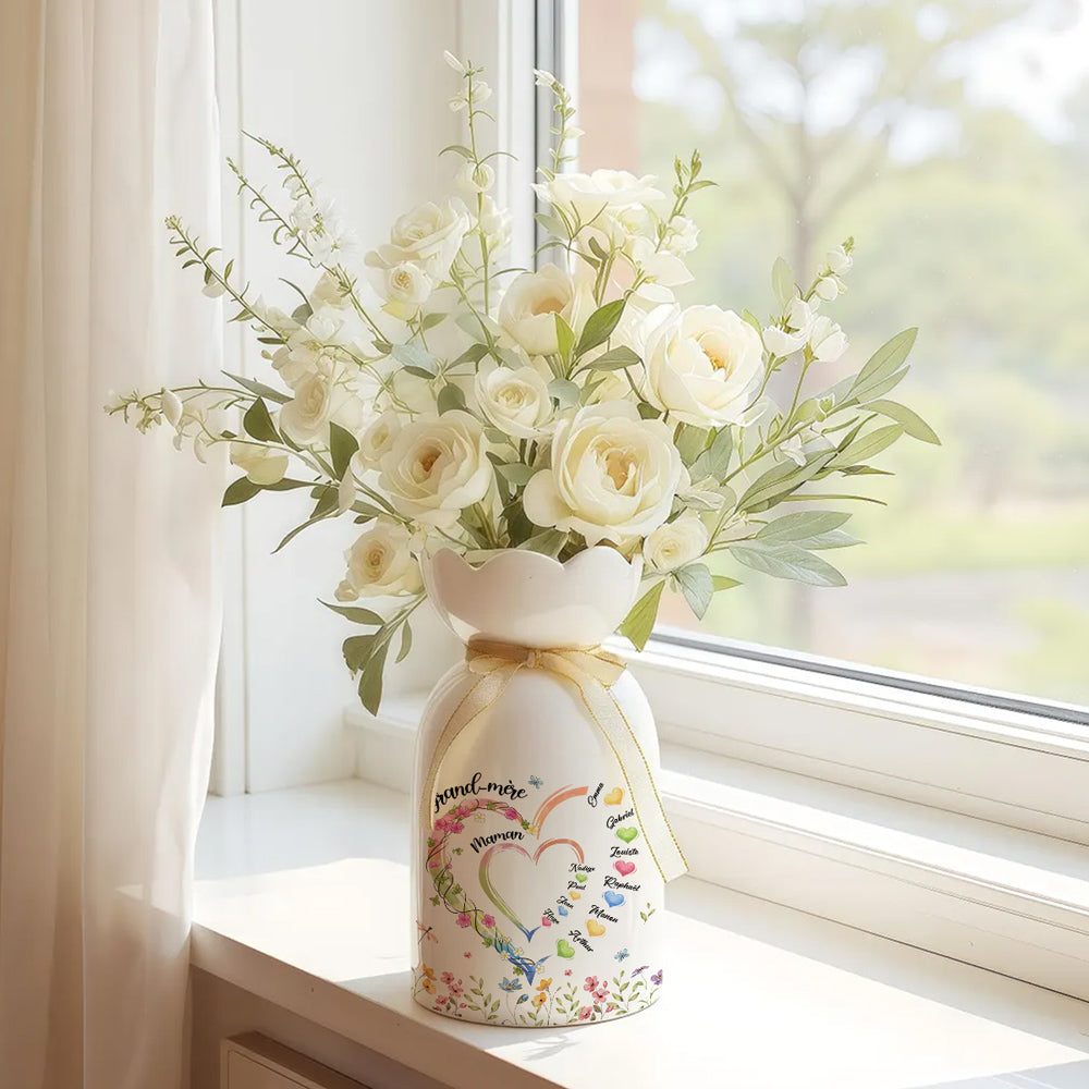 Cœur De Mamie - Vase À Fleurs Personnalisé Avec Ruban