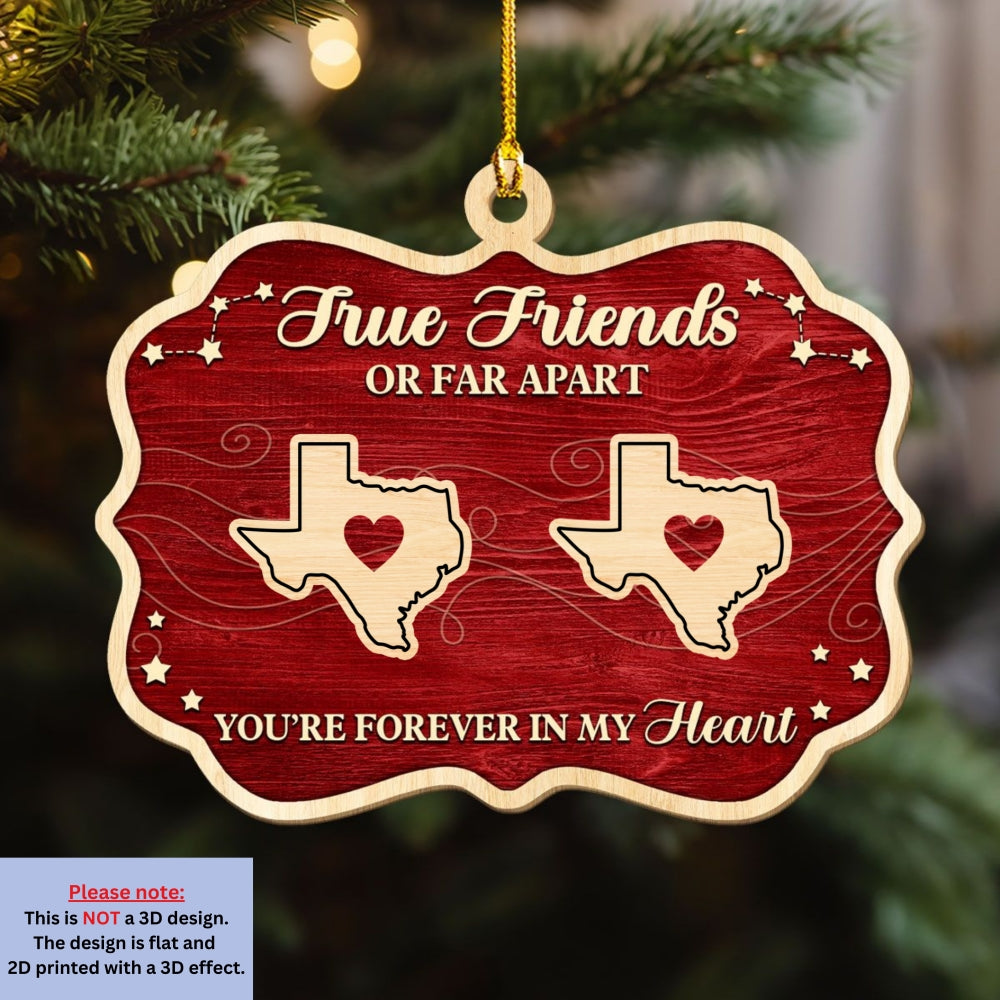 Custom Friendship Christmas Ornament, Best Friend Gift •  Hearts Stay Connected Through Distance - Personalized 3D Effect Wood Ornament