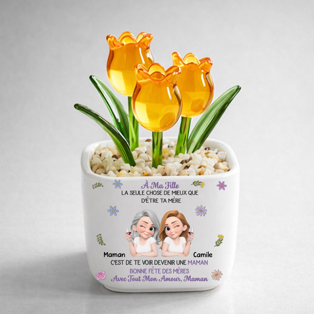 Custom Mother's Day Flower Keepsake, Glass Home Decor Gift for Daughter • Liés Ensemble Dessin Animé - Tulipes Éternelles Personnalisées En Verre