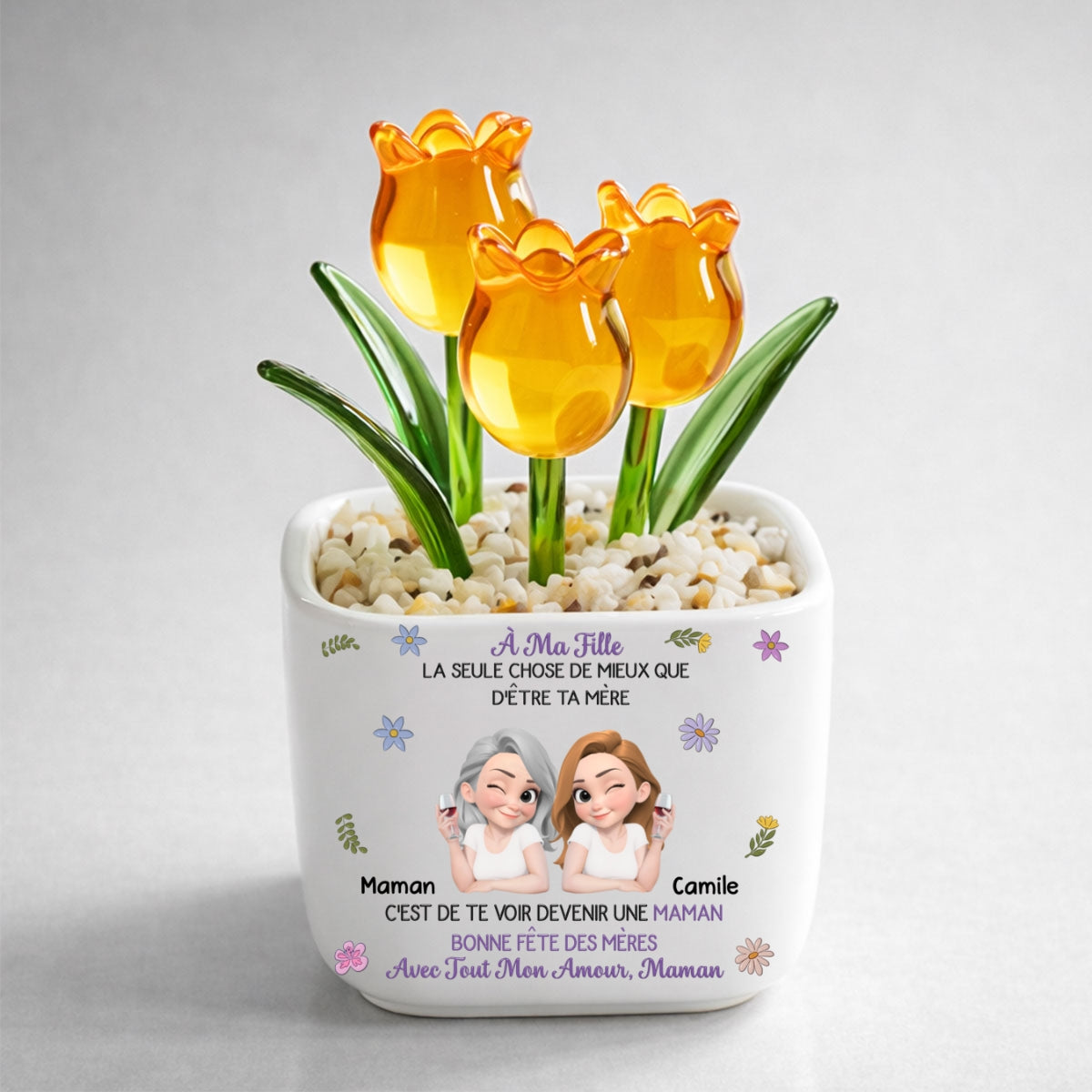 Custom Mother's Day Flower Keepsake, Glass Home Decor Gift for Daughter • Liés Ensemble Dessin Animé - Tulipes Éternelles Personnalisées En Verre
