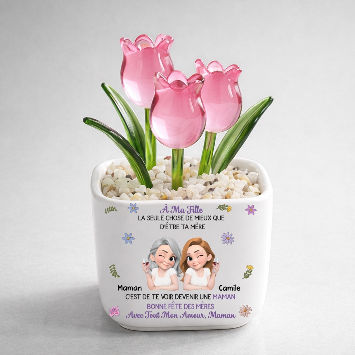 Custom Mother's Day Flower Keepsake, Glass Home Decor Gift for Daughter • Liés Ensemble Dessin Animé - Tulipes Éternelles Personnalisées En Verre