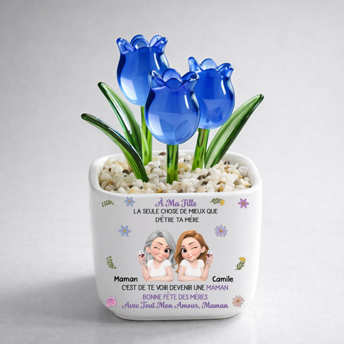 Custom Mother's Day Flower Keepsake, Glass Home Decor Gift for Daughter • Liés Ensemble Dessin Animé - Tulipes Éternelles Personnalisées En Verre