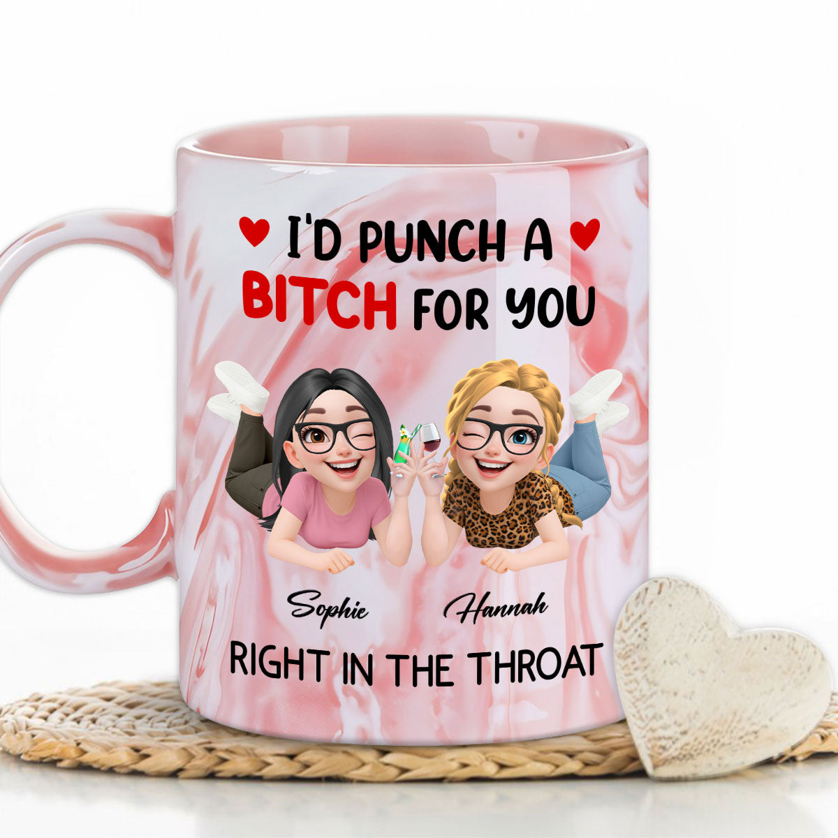 Custom Best Friend, Christmas & Birthday Friendship Keepsake Gift • Right In The Throat My Friend New Ver - Personalized Pink Marble Mug