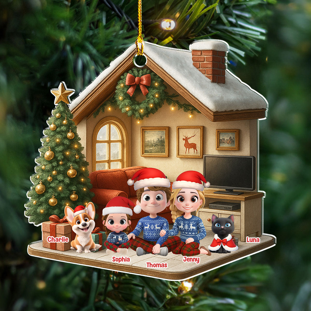 Custom Family Ornament, Christmas Gift for Family Members •  Under A Happy Roof With Them - Personalized 3D Effect Acrylic Ornament