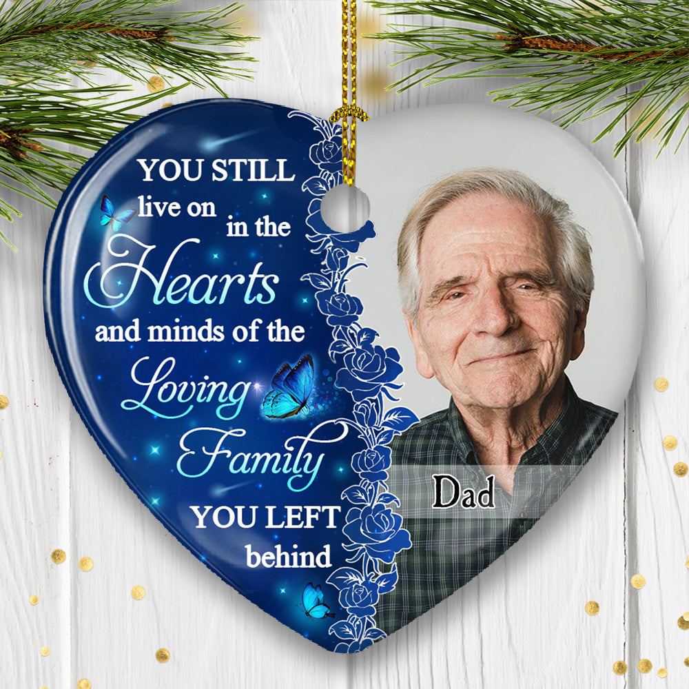 Custom Photo Memorial Christmas Ornament, Sympathy Keepsake • Hearts And Minds - Personalized Heart Ceramic Christmas Ornament