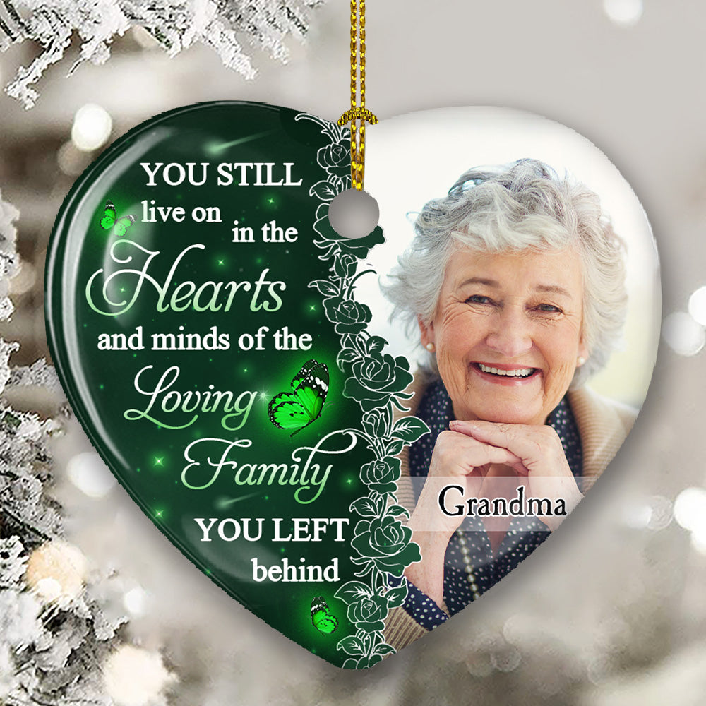 Custom Photo Memorial Christmas Ornament, Sympathy Keepsake • Hearts And Minds - Personalized Heart Ceramic Christmas Ornament