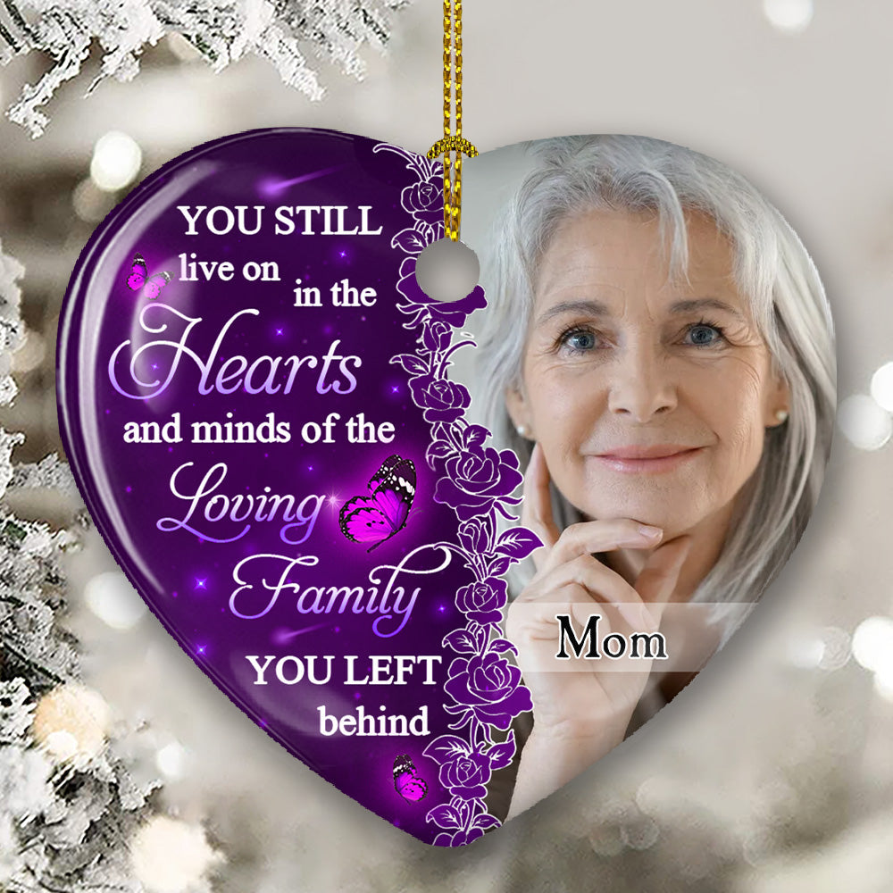 Custom Photo Memorial Christmas Ornament, Sympathy Keepsake • Hearts And Minds - Personalized Heart Ceramic Christmas Ornament
