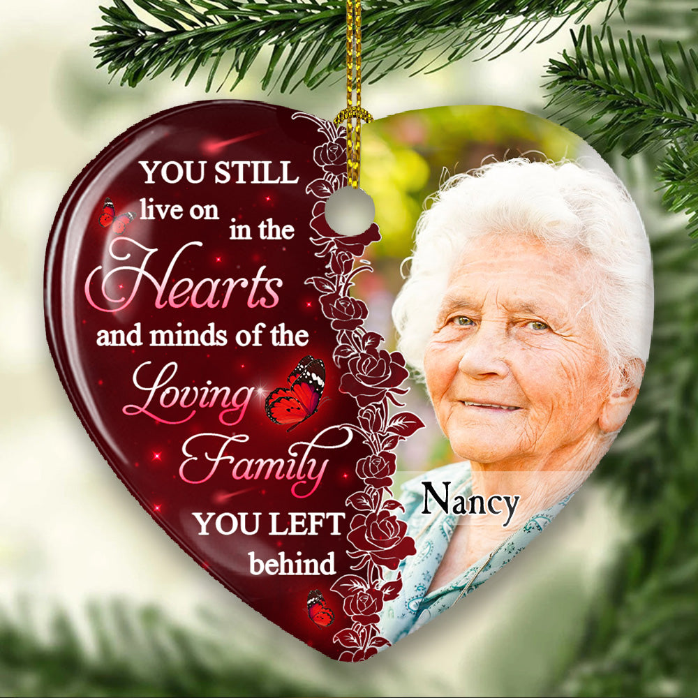 Custom Photo Memorial Christmas Ornament, Sympathy Keepsake • Hearts And Minds - Personalized Heart Ceramic Christmas Ornament