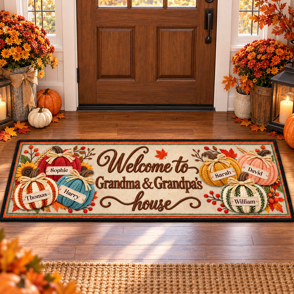 Custom Family Name Rug, Housewarming Birthday Gift For Family Members • Pumpkins Welcome - Personalized Runner Rug