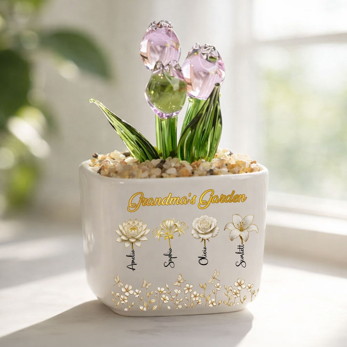 Custom Flower Keepsake, Glass Home Decor Gift for Grandma • Lovely Grandma Garden- Personalized Glass Everlasting Tulips