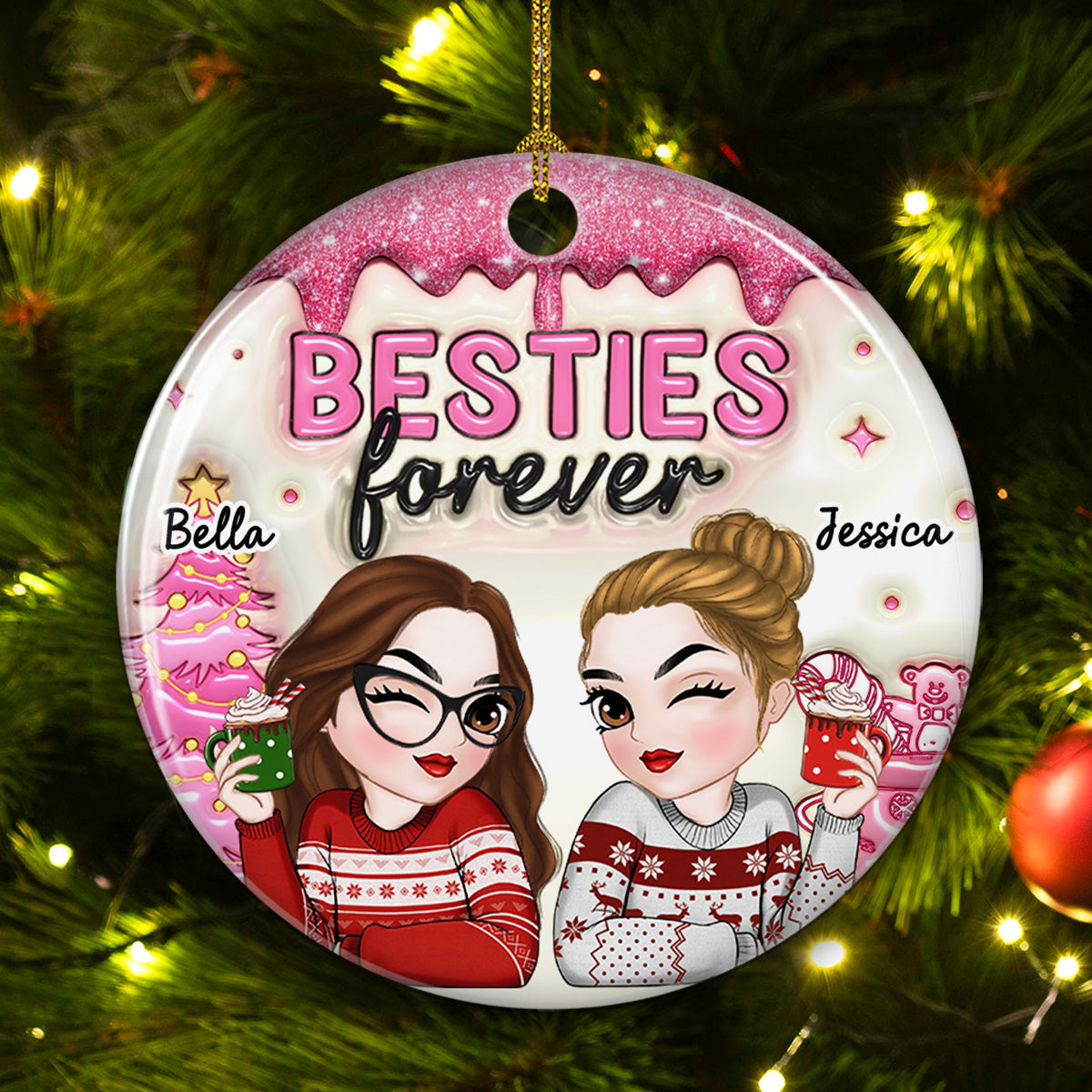 Custom Friendship Christmas Ornament, Best Friend Gift •  Always Besties - Personalized 3D Inflated Effect Ceramic Ornament