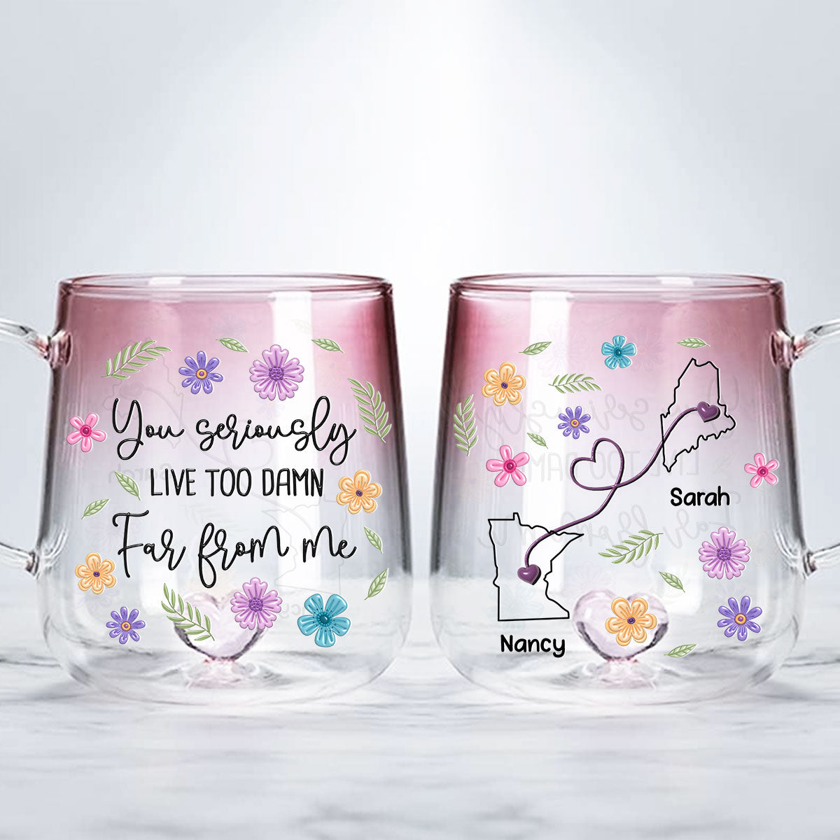 Custom Best Friend, Christmas & Birthday Friendship Keepsake Gift • Wish You Lived Much Closer - Personalized Pink Gradient Glass Mug