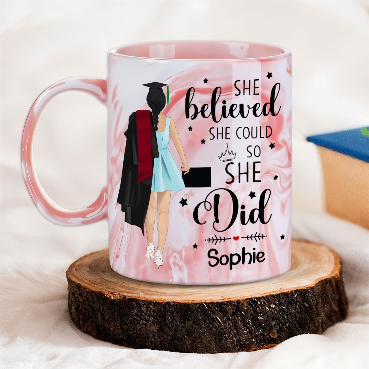 Custom Christmas & Birthday Keepsake Gift • She Believed She Achieved- Personalized Pink Marble Mug