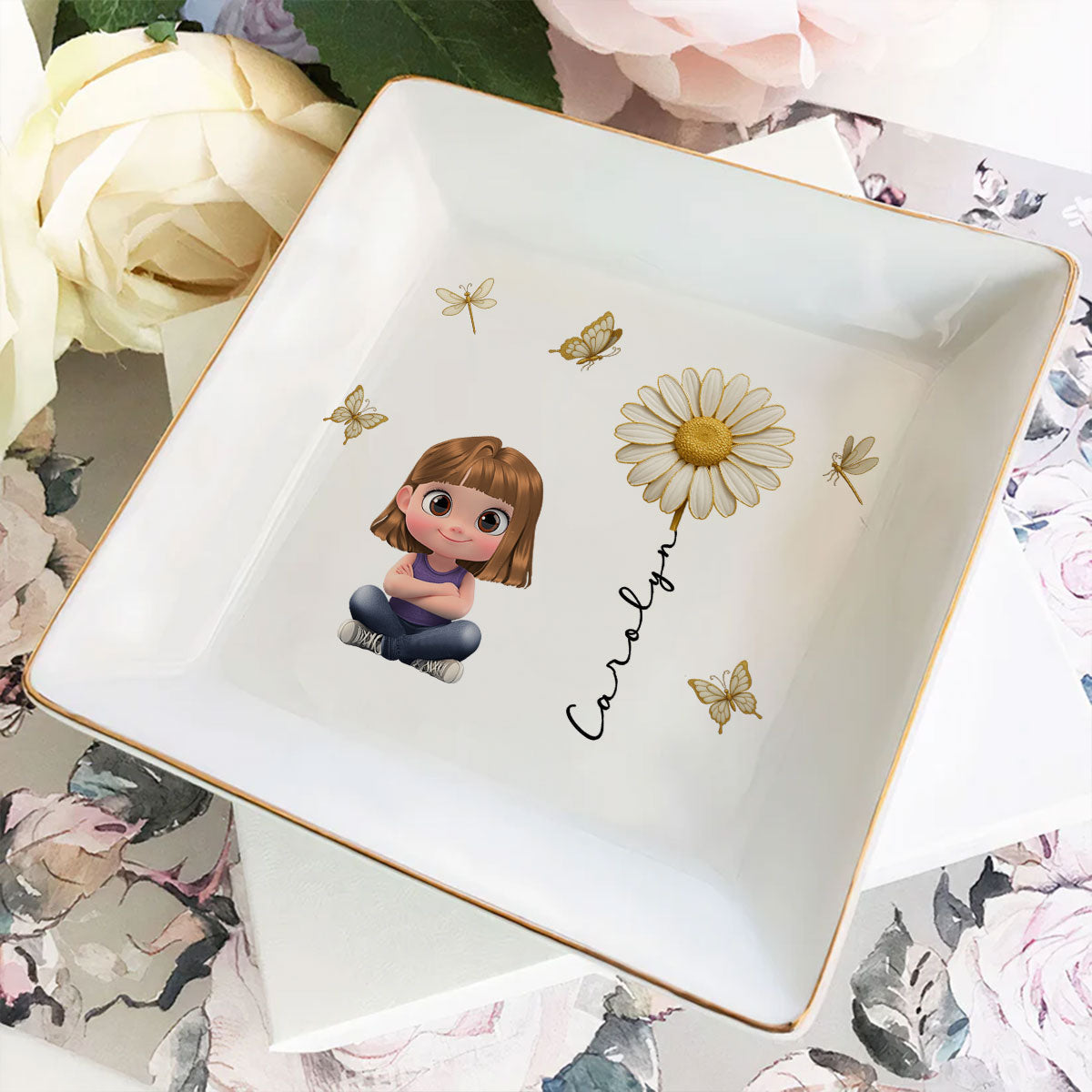 Custom Granddaughter Trinket Dish, Birthday Christmas Gift • Floral Soul - Personalized Jewelry Dish