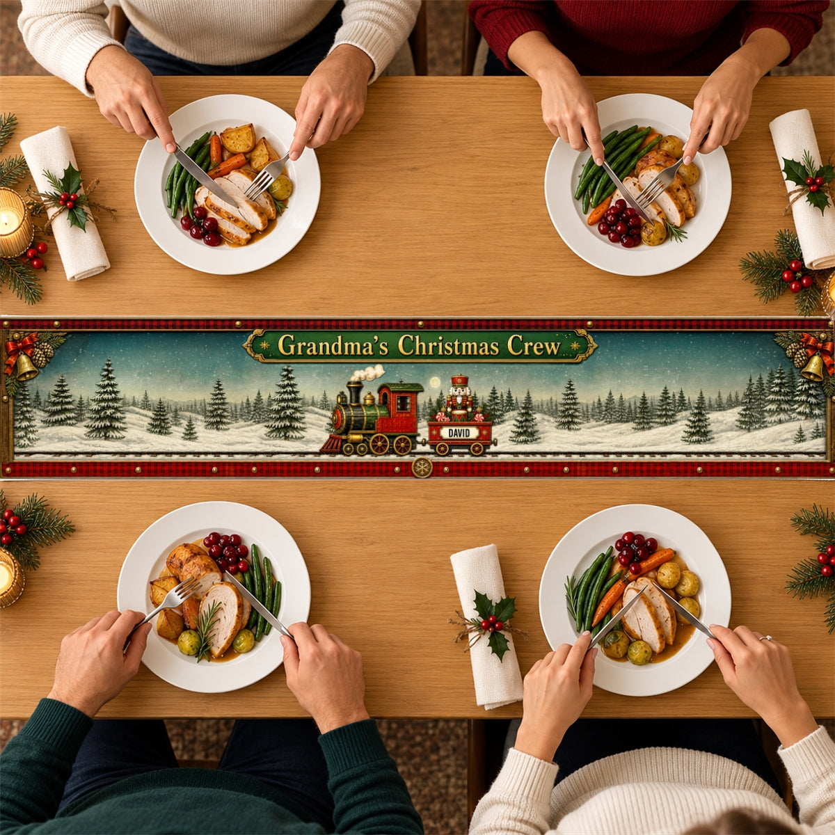 Custom Family Name Christmas Gifts, Holiday Decor Gift • Christmas Train Family - Personalized Table Runner