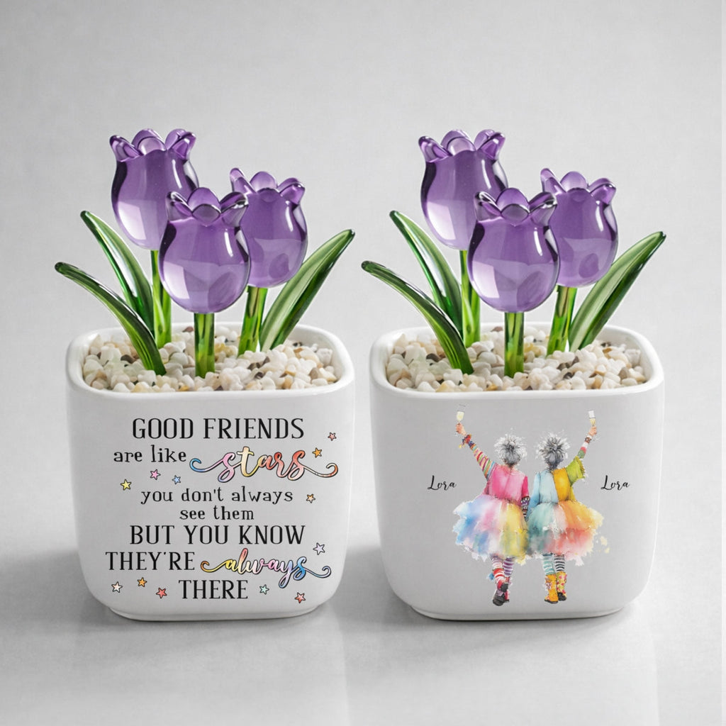 Custom Flower Keepsake, Glass Home Decor Gift for Best Friend • Friends Are Like Stars - Personalized Glass Everlasting Tulips