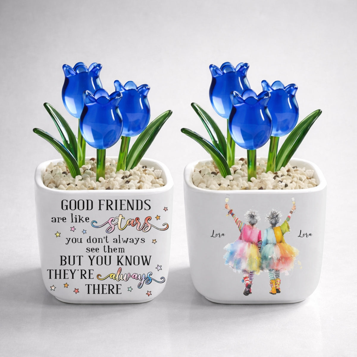 Custom Flower Keepsake, Glass Home Decor Gift for Best Friend • Friends Are Like Stars - Personalized Glass Everlasting Tulips