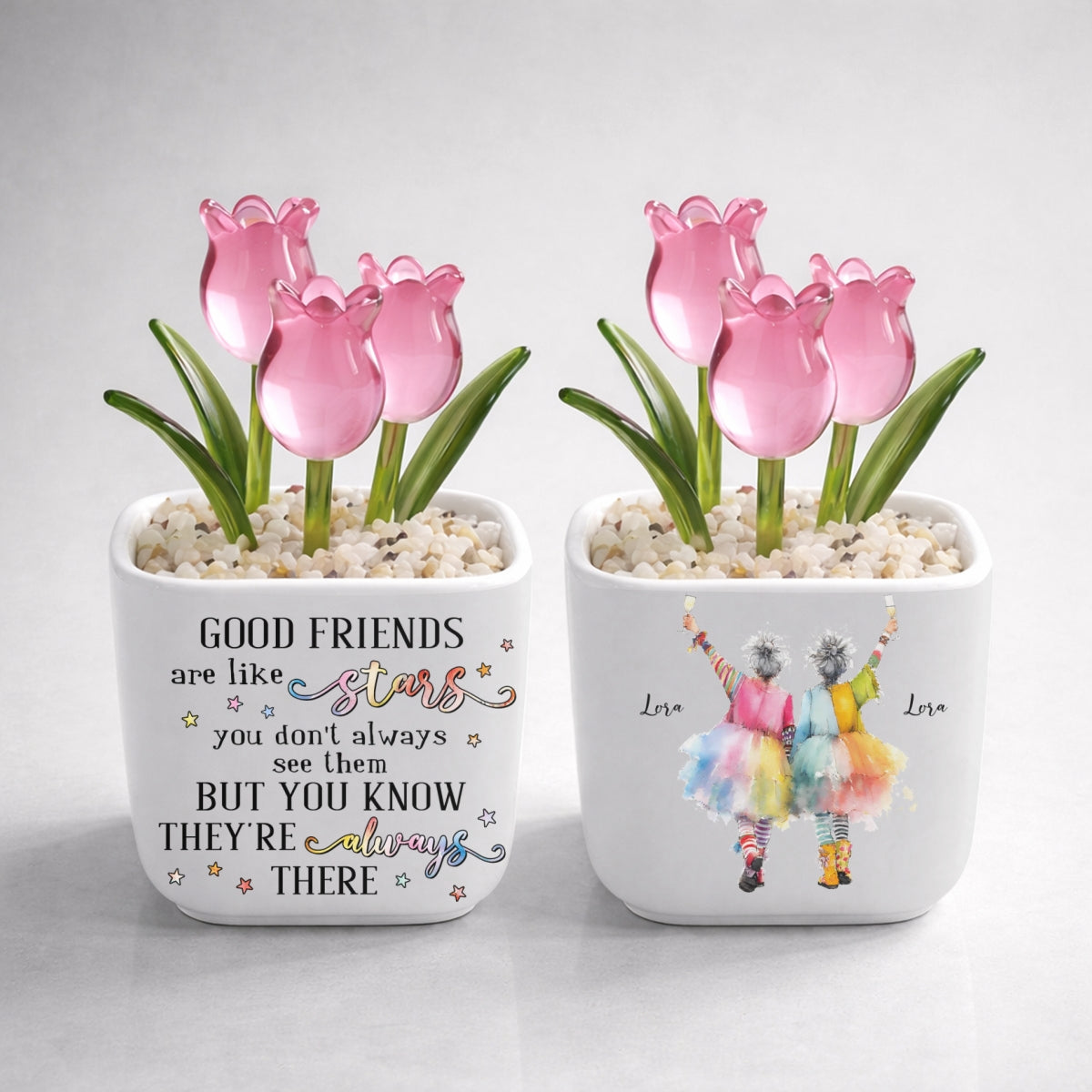 Custom Flower Keepsake, Glass Home Decor Gift for Best Friend • Friends Are Like Stars - Personalized Glass Everlasting Tulips