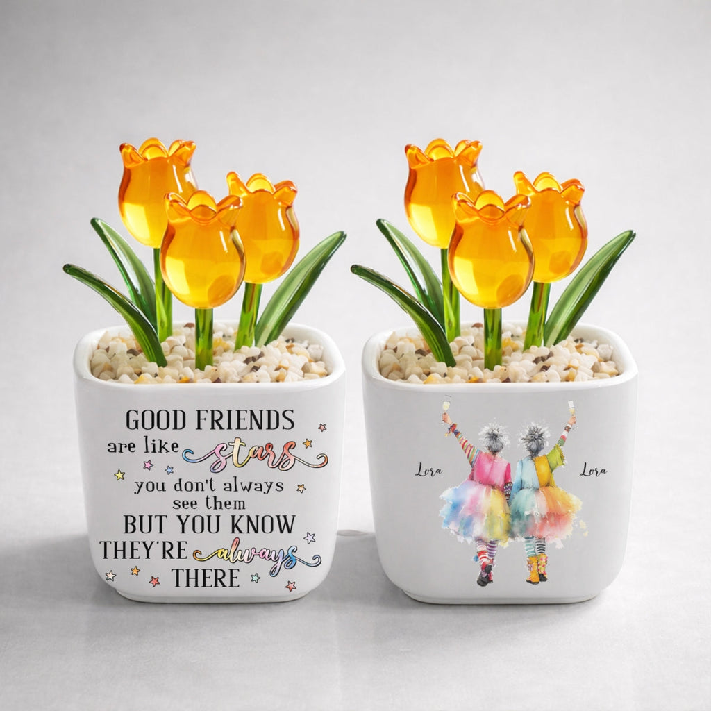 Custom Flower Keepsake, Glass Home Decor Gift for Best Friend • Friends Are Like Stars - Personalized Glass Everlasting Tulips