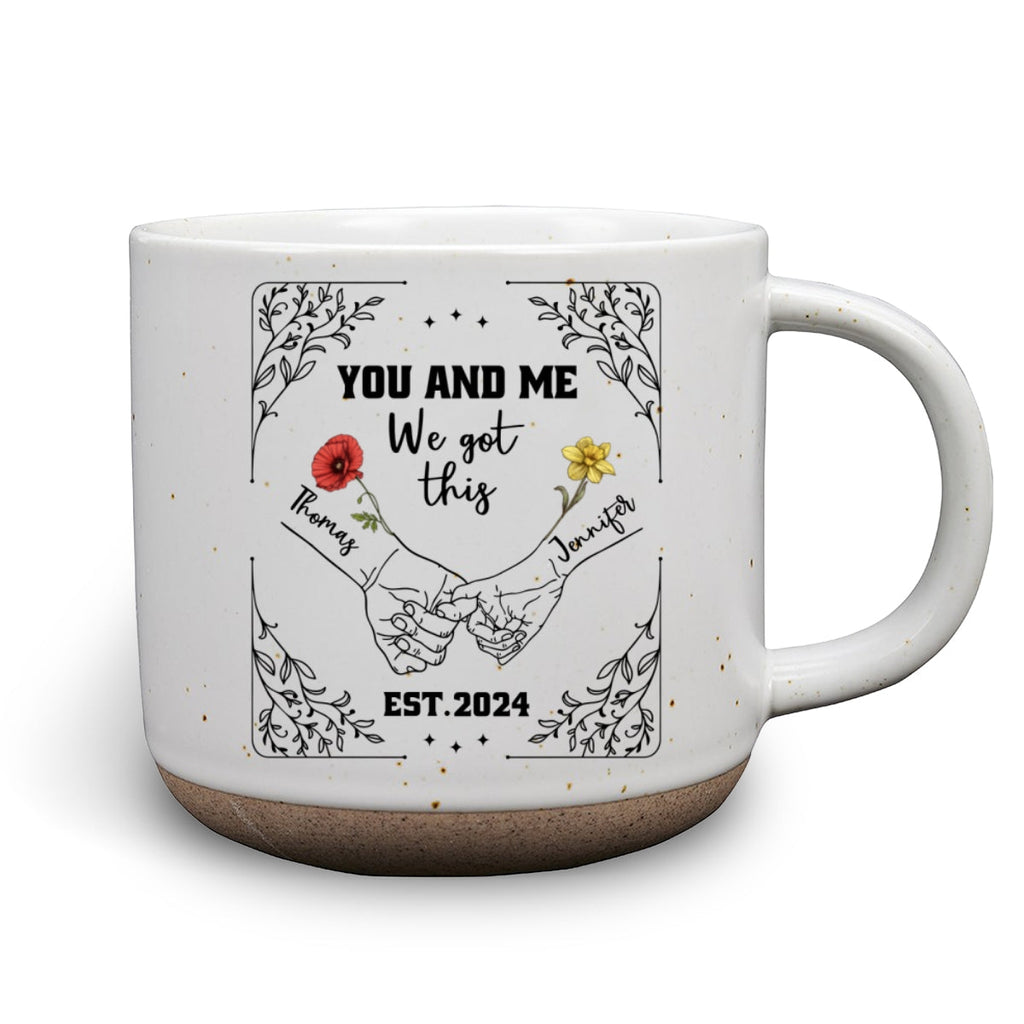 Custom Anniversary Keepsake Gifts For Couple • Birth Flower Hands In Hands - Personalized Pottery Mug
