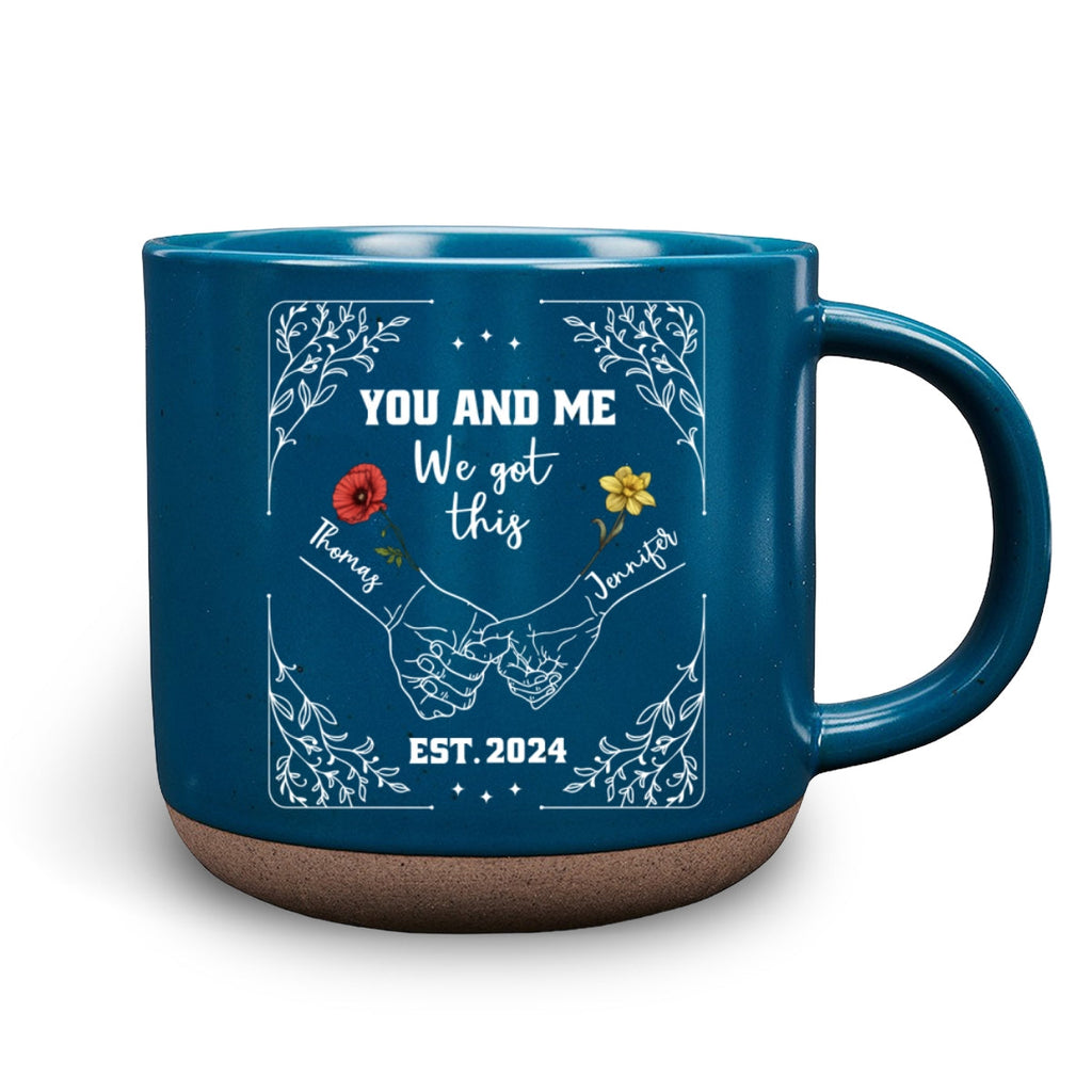 Custom Anniversary Keepsake Gifts For Couple • Birth Flower Hands In Hands - Personalized Pottery Mug